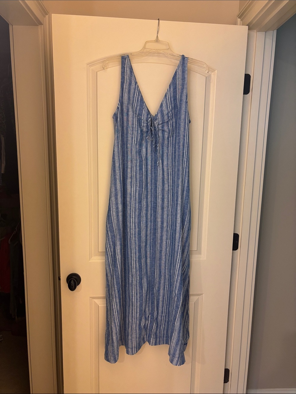 Lou & Grey Blue and White Vertical Stripe Maxi Dress with Front Tie